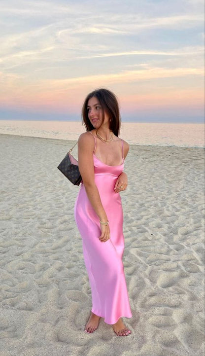 Einfaches A-Linien-Trägerloses Partykleid aus Seidensatin in Pink, Ballkleid P845