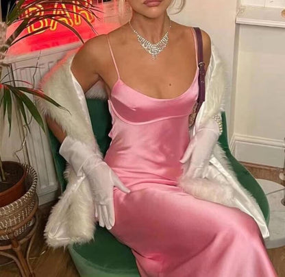 Einfaches A-Linien-Trägerloses Partykleid aus Seidensatin in Pink, Ballkleid P845