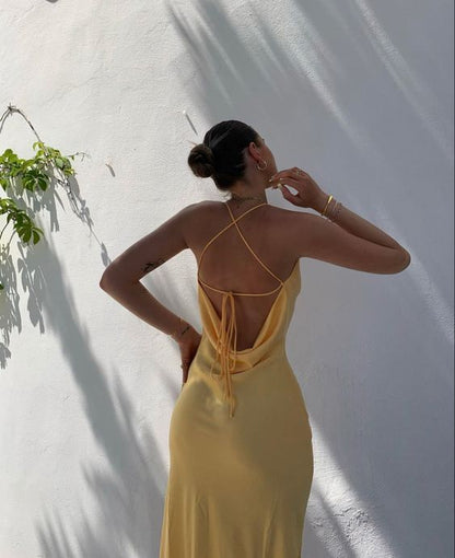 Sexy Meerjungfrau Spaghettiträger Gelbes Partykleid Rückenfreies Ballkleid P848