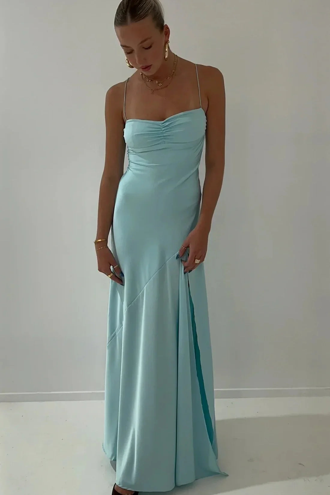 Sexy A-Linien Träger Ärmelloses Partykleid Hot Pink Seitenschlitz Ballkleid P856