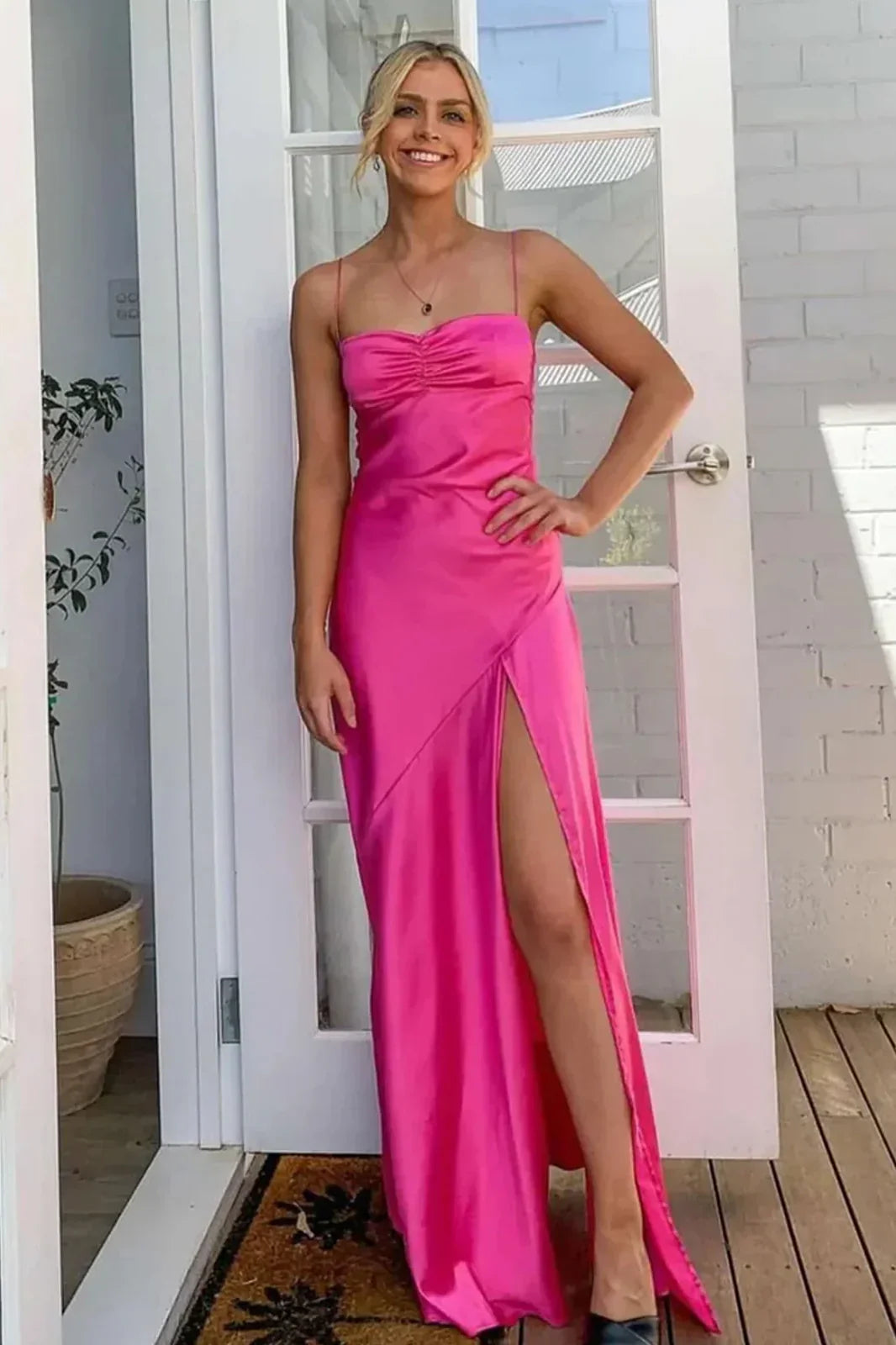 Sexy A line Spaghetti Straps Yellow Party Dress Slit Prom Dress P842