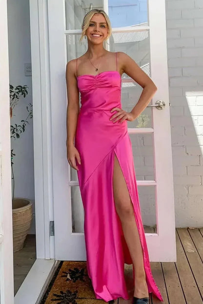Sexy A line Spaghetti Straps Yellow Party Dress Slit Prom Dress P842