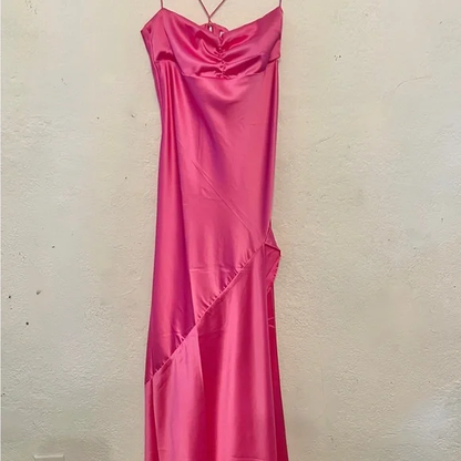Sexy A line Straps Sleeveless Party Dress Hot Pink Side Slit Prom Dres   PreppyDress