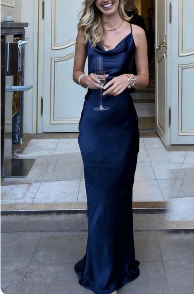Sexy Sheath Sleeveless Party Dress Navy Blue Silk Satin Prom Dress P85 – PreppyDress