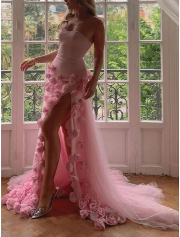 Sexy A line Straps Sleeveless Party Dress Hot Pink Side Slit Prom Dress main image 1