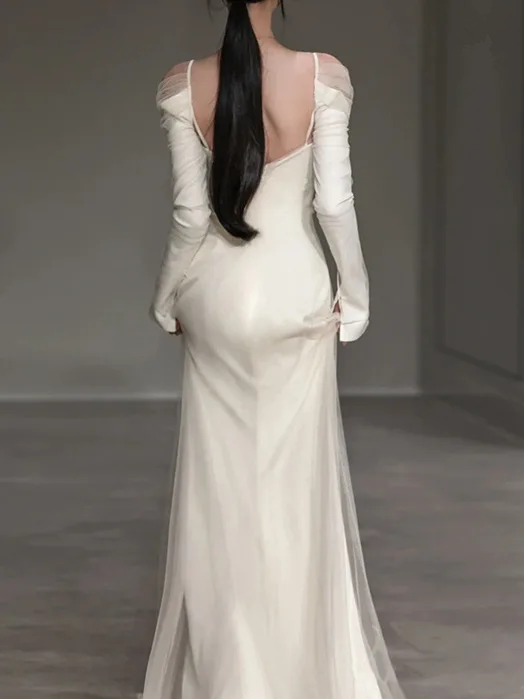 Mermaid Plain Spliced Off shoulder Satin Elegant Long Sleeve Wedding D PreppyDress Mermaid Plain Spliced Off shoulder Satin Elegant Long Sleeve Wedding D PreppyDress