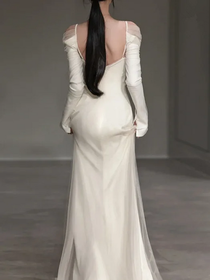 Mermaid Plain Spliced Off shoulder Satin Elegant Long Sleeve Wedding D –  PreppyDress