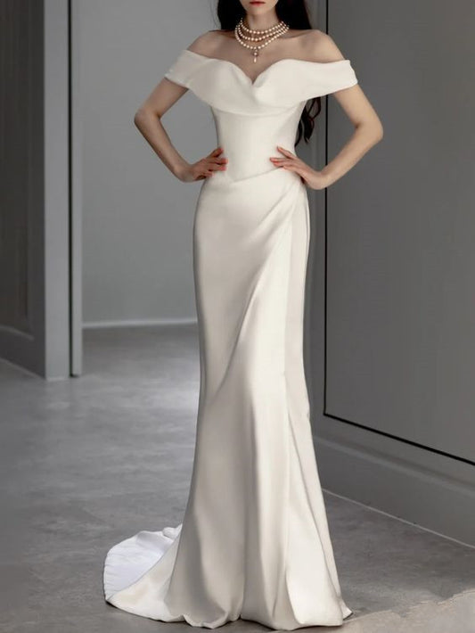 Mermaid Off The Shoulder Satin Elegant Cap Sleeves Wedding Dress P899
