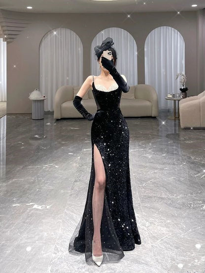 Meerjungfrau langes Ballkleid Neu eingetroffen Sexy schwarzes Abendkleid mit Schlitz P916