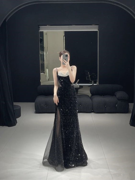 Mermaid Long Prom Dress New Sequin Sexy Black Slit Evening Dress P917