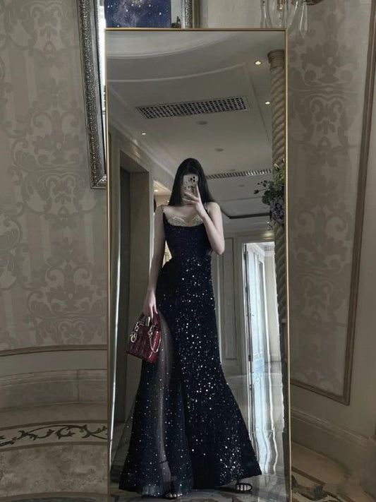 Mermaid Long Prom Dress New Sequin Sexy Black Slit Evening Dress P918