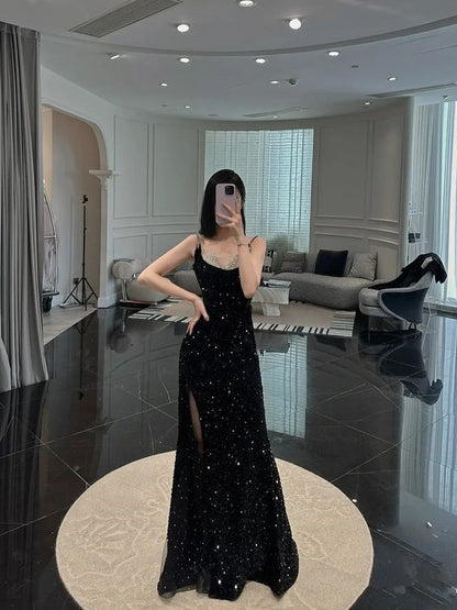Meerjungfrau Langes Ballkleid Neu Pailletten Sexy Schwarz Schlitz Abendkleid P918