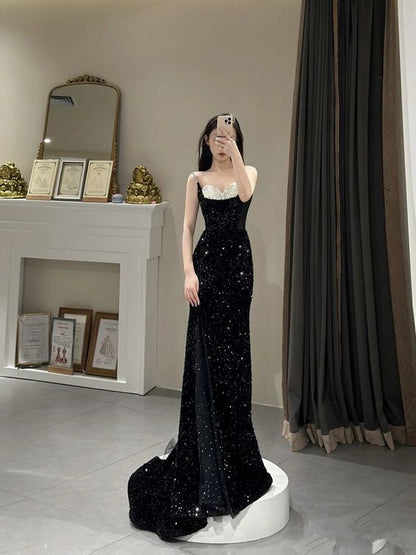 Meerjungfrau Langes Ballkleid Neues Paillettenkleid Schwarz Schlitz Abendkleid P919