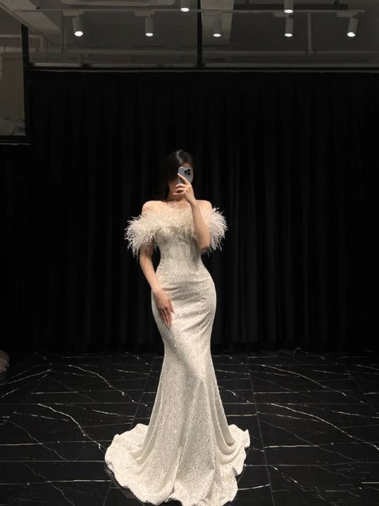 Mermaid Long Champagne Prom Dress Sequin Off The Shoulder Evening Dress With Feather P921