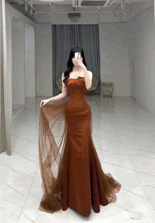 Mermaid Long Prom Dress Strapless Brown Satin Evening Dress P922