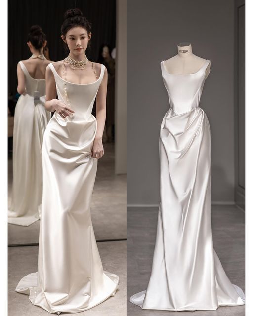 Vintage Mermaid Straps Sleeveless Satin Ivory Wedding Dresses P929