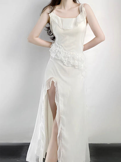 Sexy A-Linien langes Ballkleid mit Schlitz, weißes Abendkleid P933