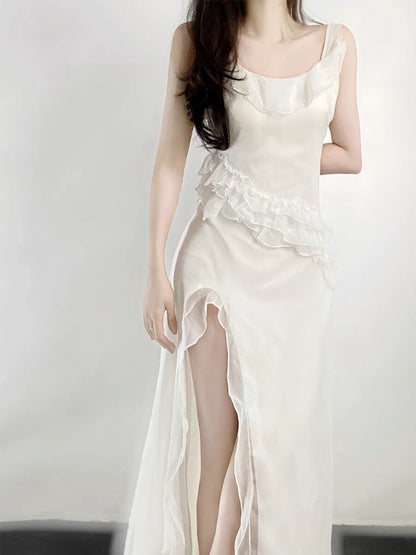 Sexy A-Linien langes Ballkleid mit Schlitz, weißes Abendkleid P933