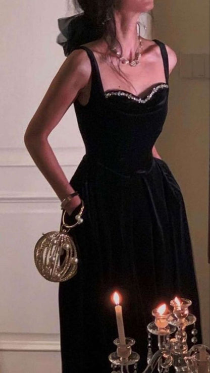 fitted lace wedding dress Elegant Spaghetti Strap Velvet Vintage Black Dress Women Birthday Outf –  PreppyDress