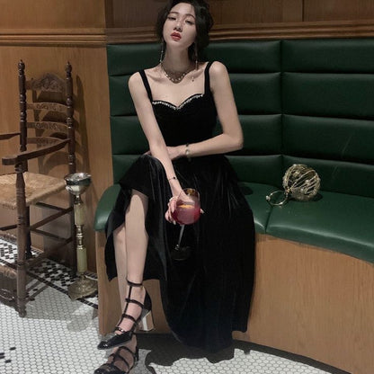Elegant Spaghetti Strap Velvet Vintage Black Dress Women Birthday Outfits P941 - Same as Picture / US2 Elegant Spaghetti Strap Velvet Vintage Black Dress Women Birthday Outfits P941 - Same as Picture / US2