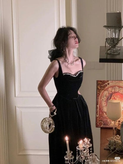 Elegant Spaghetti Strap Velvet Vintage Black Dress Women Birthday Outf PreppyDress Elegant Spaghetti Strap Velvet Vintage Black Dress Women Birthday Outf PreppyDress