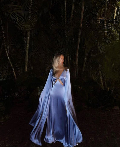 Glamouröses blaues langes A-Linien-Ballkleid mit V-Ausschnitt, lange Ballkleider P956