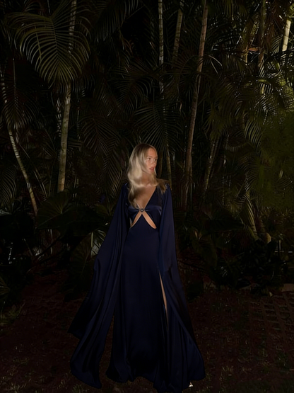 Glamouröses blaues langes A-Linien-Ballkleid mit V-Ausschnitt, lange Ballkleider P956