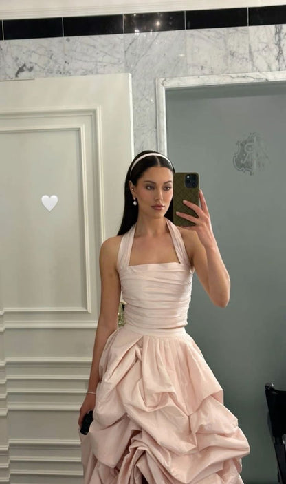 Glamouröses zweiteiliges lachsfarbenes Satin-Abendkleid P958