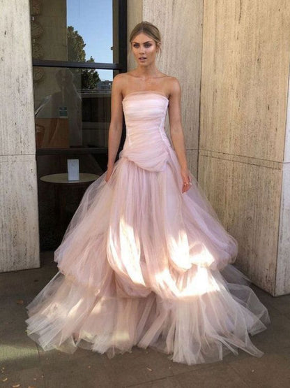 Glamouröses langes Ballkleid aus hellrosa Tüll P959