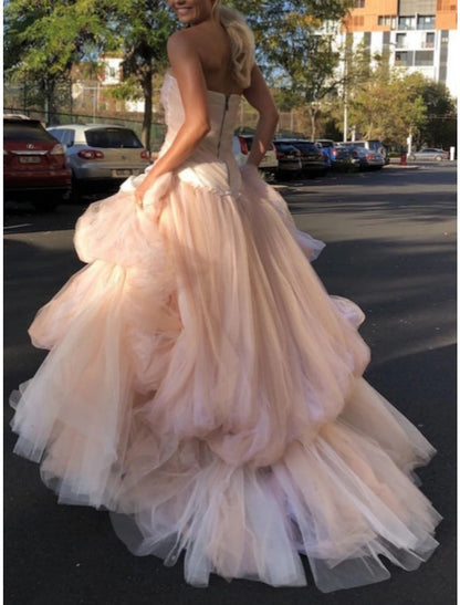 Glamouröses langes Ballkleid aus hellrosa Tüll P959