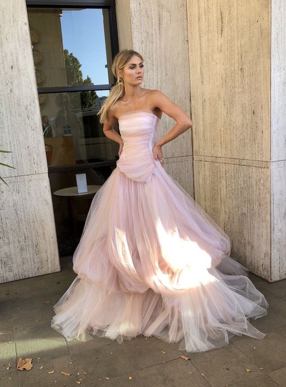 Glamorous Light pink tulle long prom dress P959