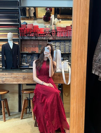 Glamouröses, ärmelloses, langes burgunderrotes Ballkleid P963 mit A-Linie und Rundhalsausschnitt