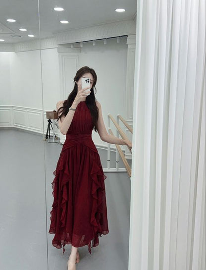 Glamouröses, ärmelloses, langes burgunderrotes Ballkleid P963 mit A-Linie und Rundhalsausschnitt
