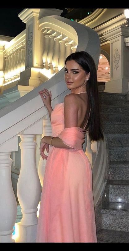 Sexy A-Linie Neckholder Ärmelloses Rosa Langes Ballkleid P964