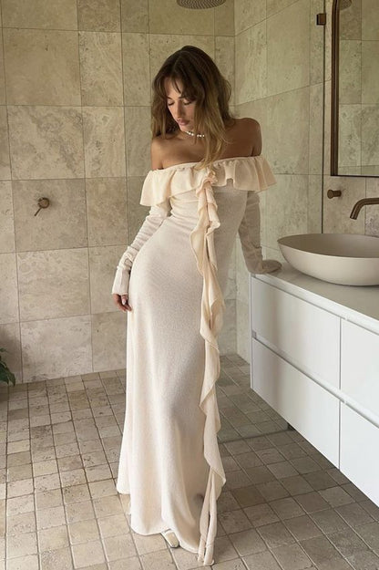 strapless open back dress Sexy Sheath Long Sleeves Champagne Long Prom Dress P965 – PreppyDress