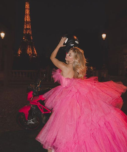 Sexy High-Low Trägerloses Abschlussballkleid aus rosa Tüll P966