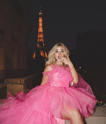 Sexy High-Low Trägerloses Abschlussballkleid aus rosa Tüll P966