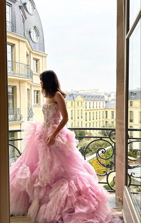 Classy Ball Gown Strapless Sleeveless Tulle Pink Evening Prom Dresses main image 0