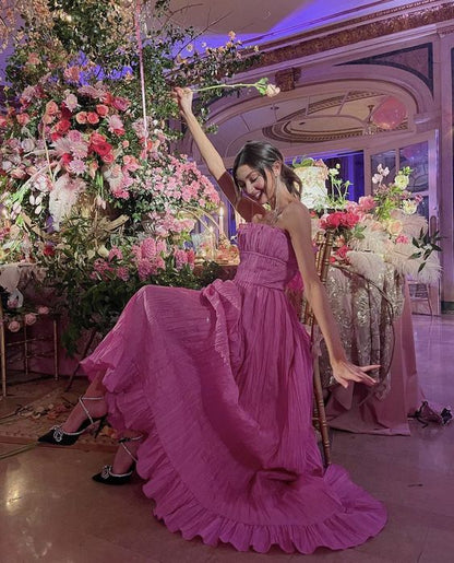 Robe de bal longue en tulle rose avec bretelles fines en ligne A P975