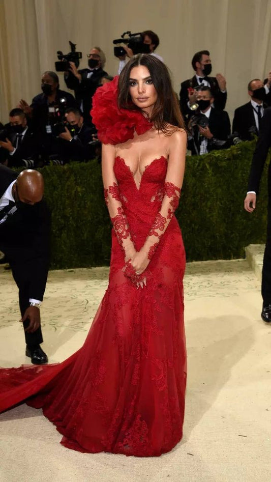 Sexy Meerjungfrauen Trägerloses Langarm Rotes Spitze Langes Ballkleid P976
