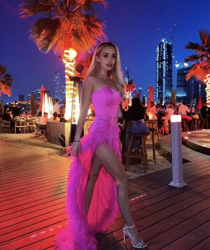 Sexy High-Low Trägerloses Hot Pink Satin Abschlussballkleid P980