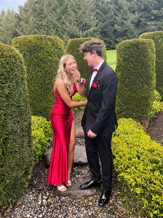 Sexy rotes Meerjungfrauen-Maxikleid mit seitlichem Schlitz, langes Party-Satin-Ballkleid P988