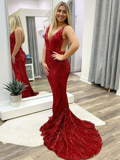 fitted lace wedding dress Sexy Red Mermaid Sequin Backless Long Party Prom Dresses P989 – PreppyDress