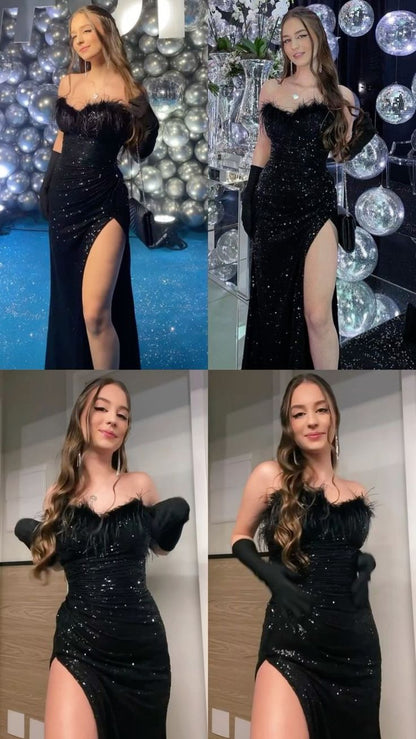 Sexy Meerjungfrau Pailletten Schwarz Schlitz Langes Party Abschlussballkleid Mit Federn P991