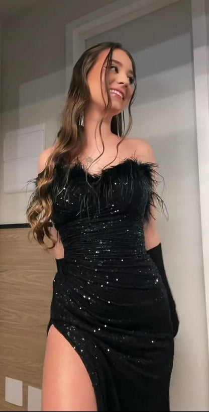 Sexy Meerjungfrau Pailletten Schwarz Schlitz Langes Party Abschlussballkleid Mit Federn P991