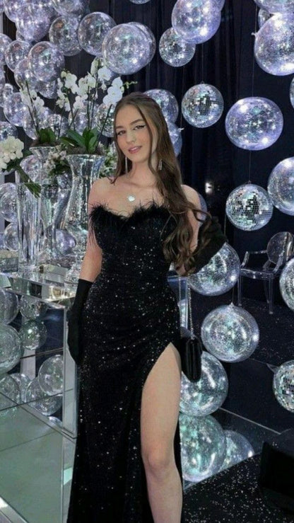 Sexy Meerjungfrau Pailletten Schwarz Schlitz Langes Party Abschlussballkleid Mit Federn P991