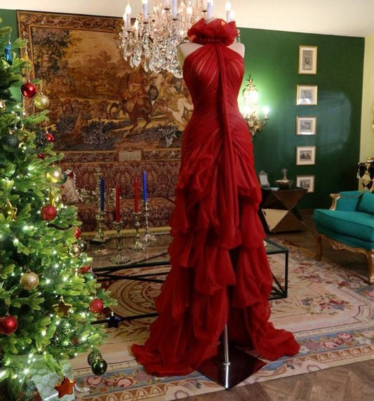 Modest High Low High Neckline Tulle Red Prom Dresses P993