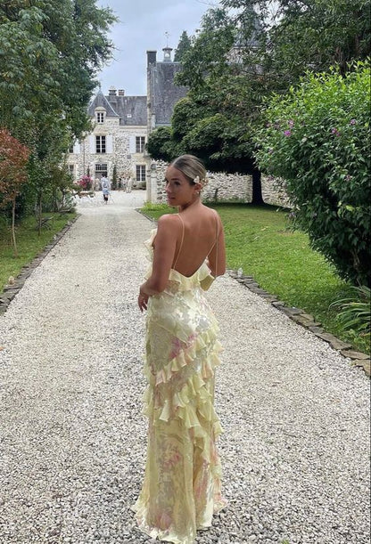Robe de bal longue sirène jaune avec volants tenue d'anniversaire pour le 22e P1388