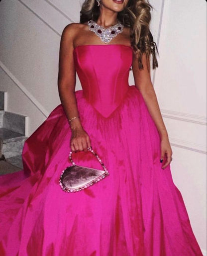Modest A line Strapless Hot Pink Long Satin Prom Dresses P995 PreppyDress Modest A line Strapless Hot Pink Long Satin Prom Dresses P995 PreppyDress