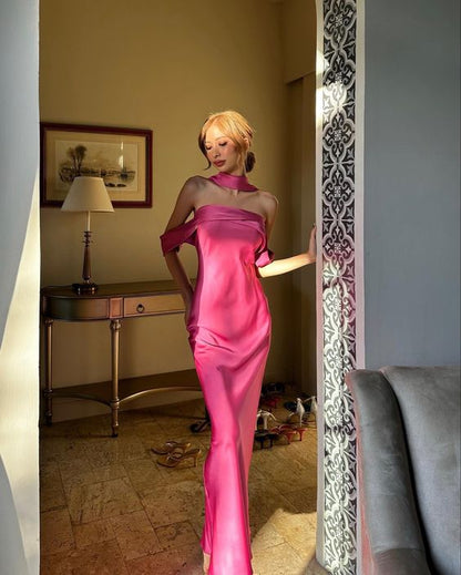 Sexy Mermaid Halter Hot Pink Silk Satin Prom Dresses P999